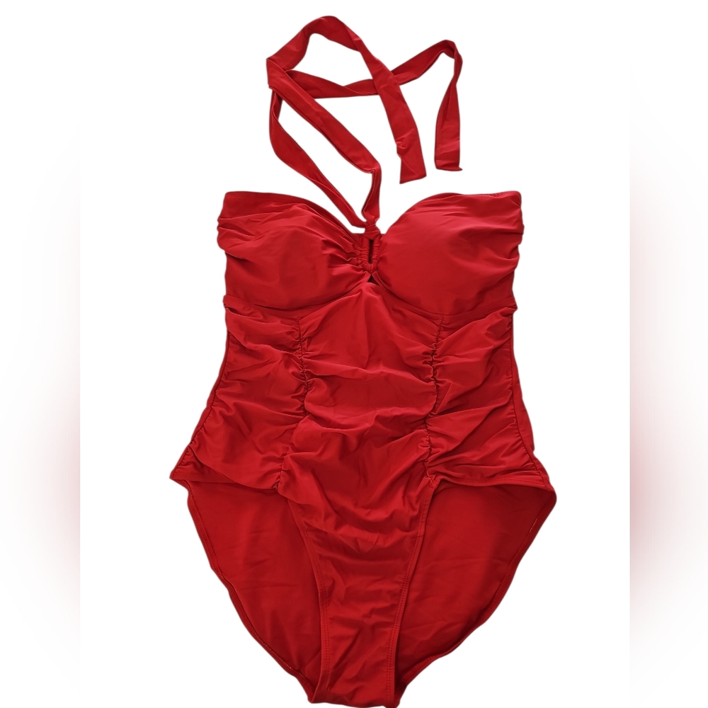 Bold Red One-Piece Swimsuit – Halter Tie & Ruched Front